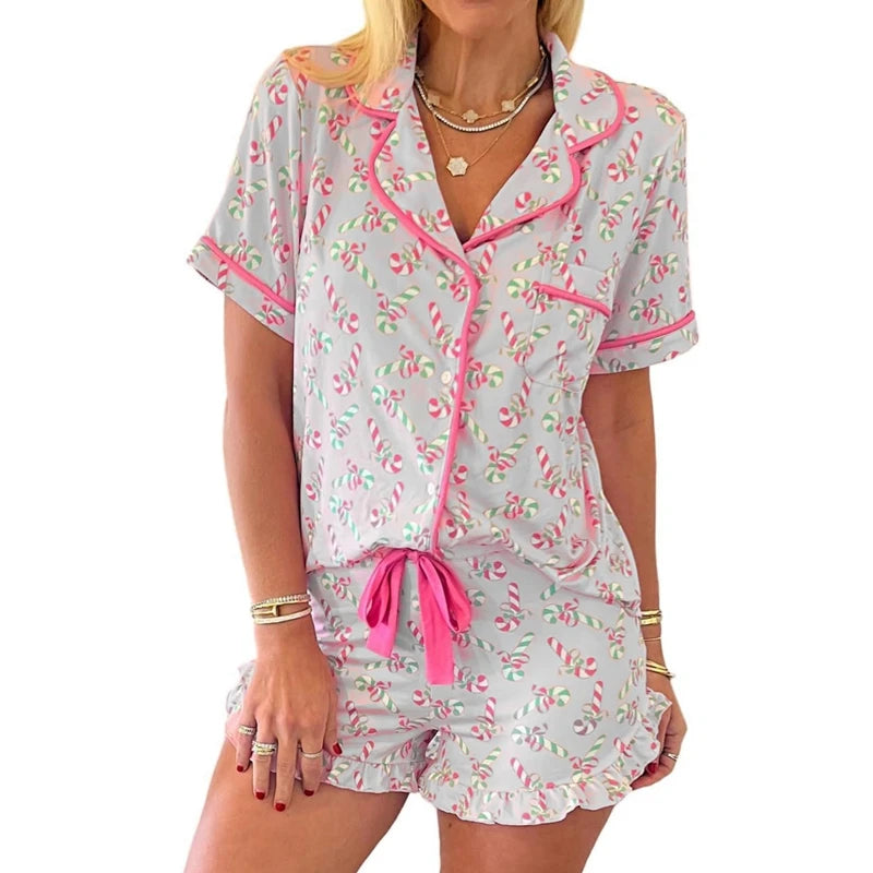Christmas Pajamas Bow Candy Cane Print Pj Set Short Sleeve Button Down Xmas Knotted Shorts Pjs 2 Piece Set Sleepwear
