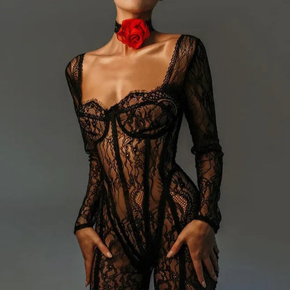 Sheer Lace Hollow Out Jumpsuits Zip Up Backless Outfits Unitards Square Neck Romper Overalls One Piece