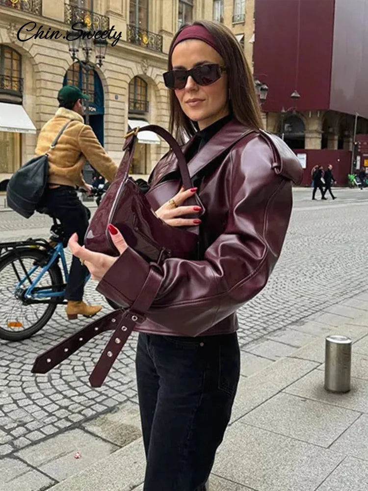 Leather Short Leather Jacket With Belt Lapel Long Sleeved Cropped Coat New Lady Street Party New Outwears _