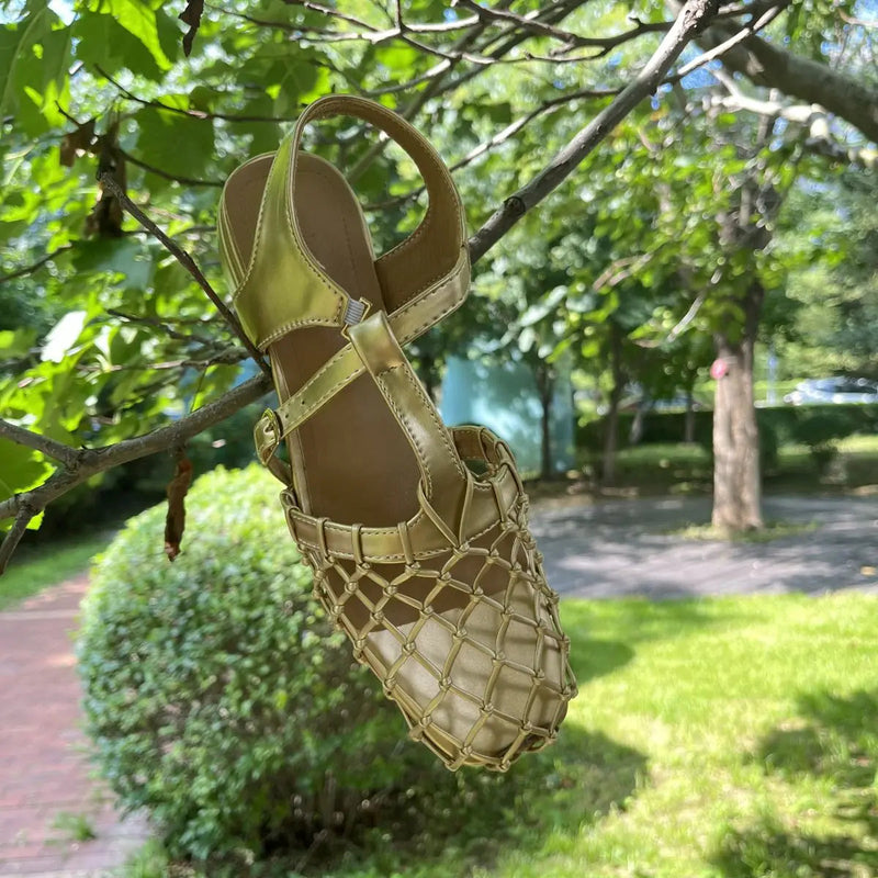 French Retro Hollowed Out Mesh Sandals Square Toe Sandals for Back Hollow Buckle Strap Flat Shoes Summer