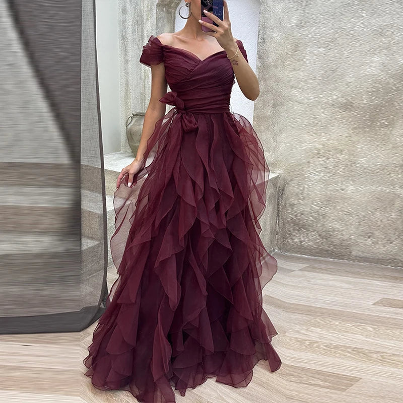 Strapless Ruffle Mesh Bridesmaid Dresses Spring Backless Hollow Long Party Dress Summer High Waist Bow Hem Maxi Dress