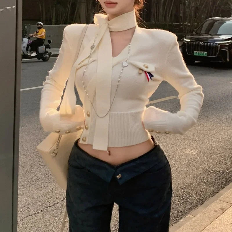 Vneck Button Color Long Sleeve Cardigan Autumn New Korean Laceup Slim Knitted Crop Tops