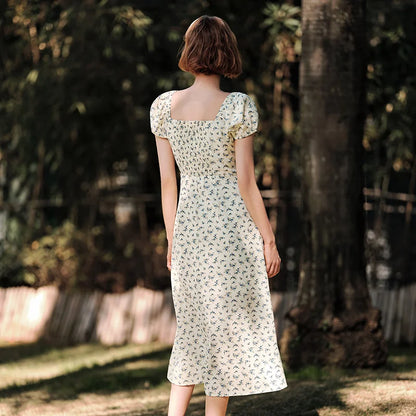 Dress Split Bubble Sleeve Medium Long Dress Summer New Square Neck Chiffon Dress Romantic