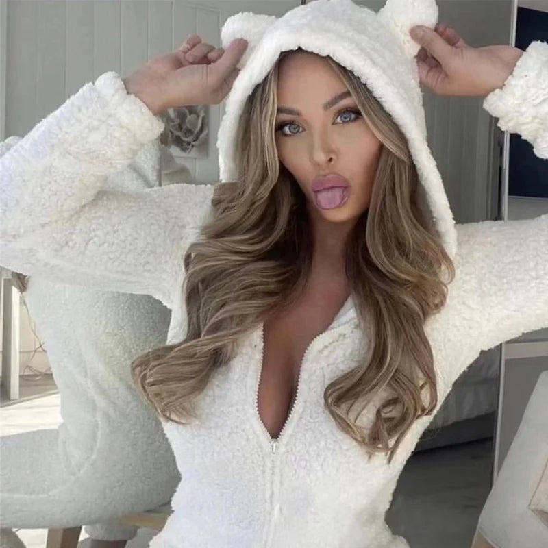 Fall Winter Long Sleeve Soft Fleece Jumpsuits Hear Hooded Zipper Playsuits Warm Sleepwear Romper