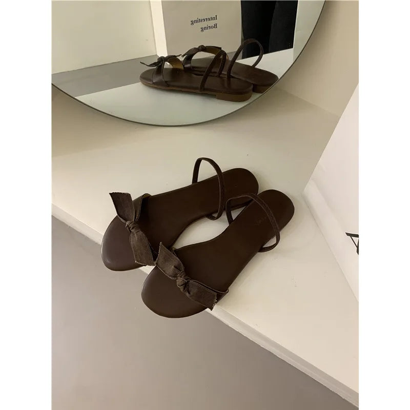 Flat Shoes Female Low Woman's Slippers Slides Butterflyknot Designer Rome Butterflyknot Rubber Retro Scandals Pu H