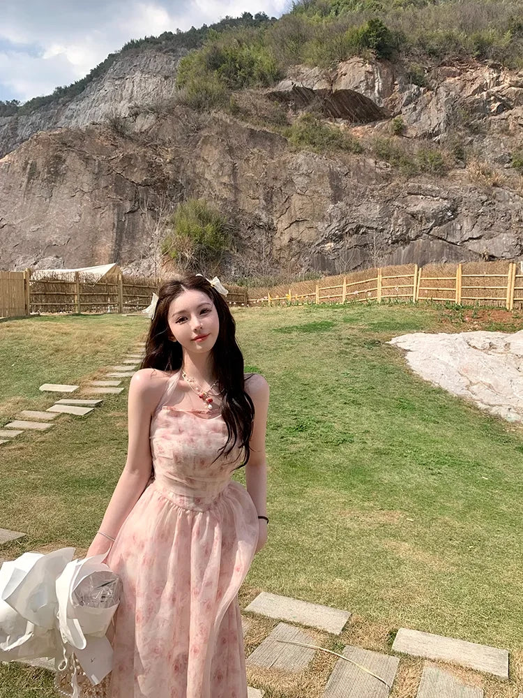 Halterneck Dress for Korean Pink Rose Chiffon Clothing New Summer Party Korean Long Dresses.