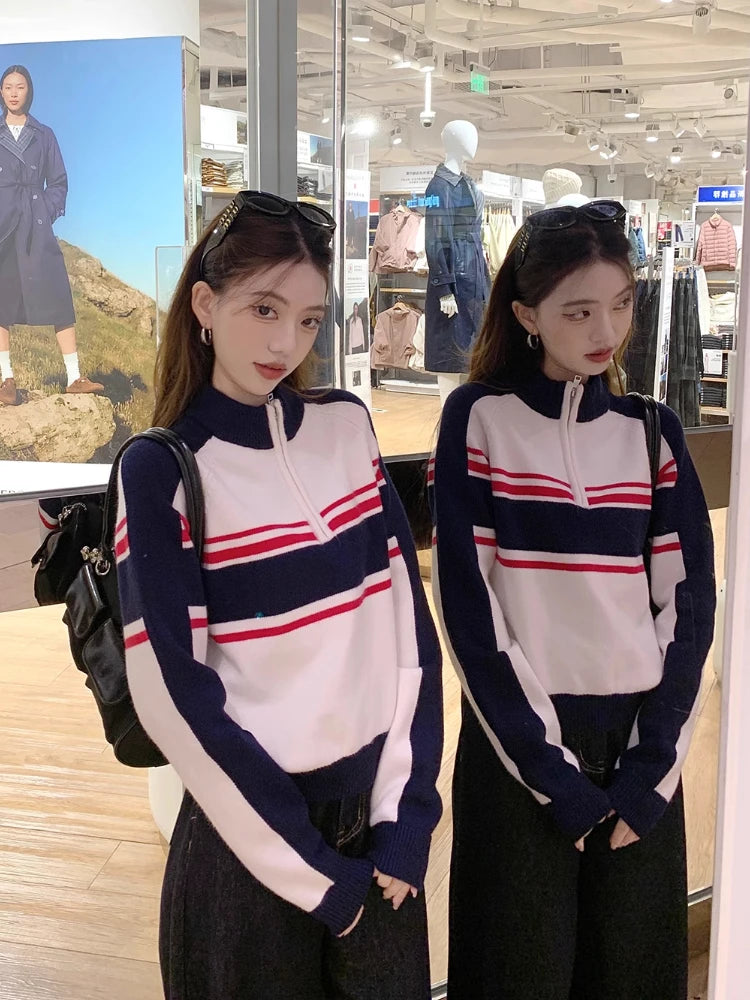 American Retro Striped Sweater Half Zipper Knitwear Pullovers Oversized Raglan Sleeve Winter Clothes