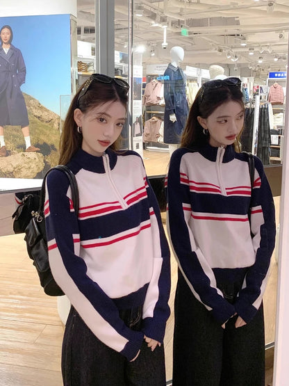 American Retro Striped Sweater Half Zipper Knitwear Pullovers Oversized Raglan Sleeve Winter Clothes