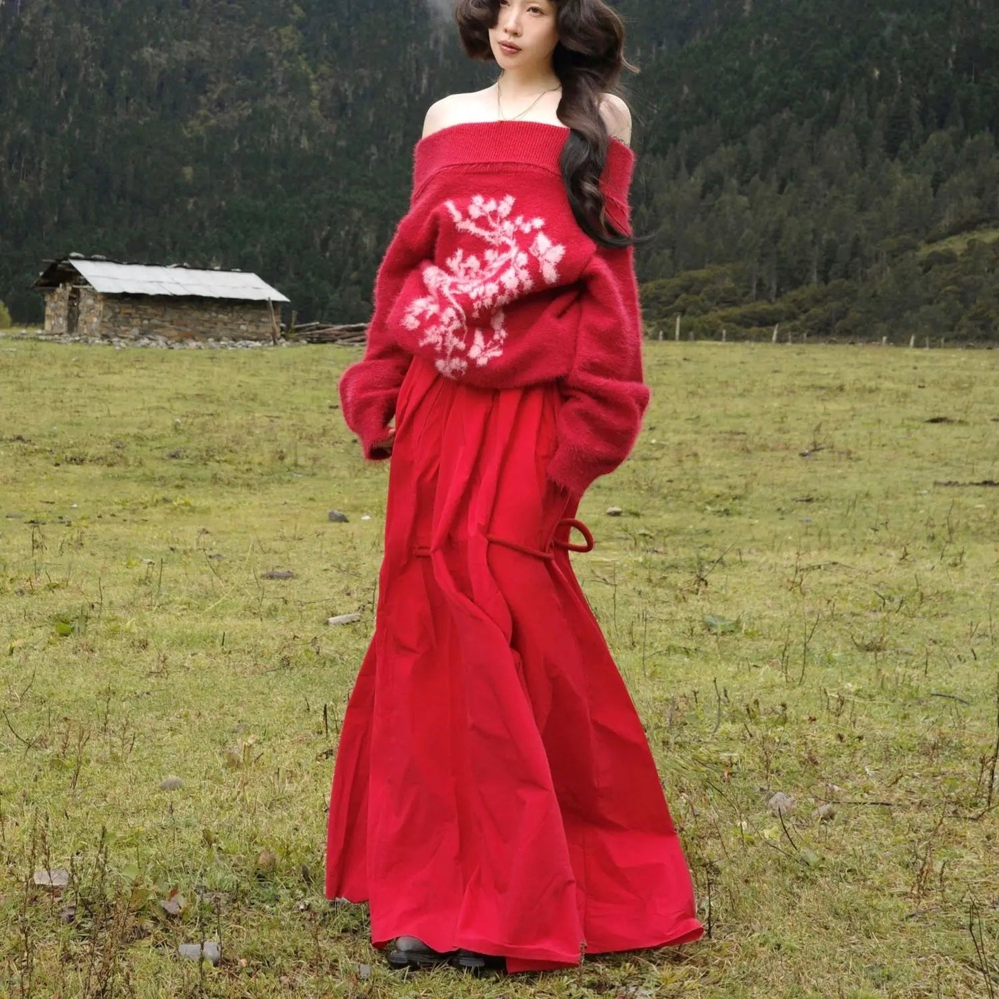 New Chinese Retro Jacquard Loose Off Shoulder Sweater High Waist Aline Long Skirt Set Red Two Piece Sets Outfits