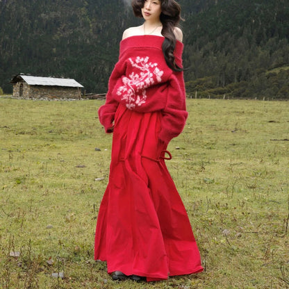 New Chinese Retro Jacquard Loose Off Shoulder Sweater High Waist Aline Long Skirt Set Red Two Piece Sets Outfits