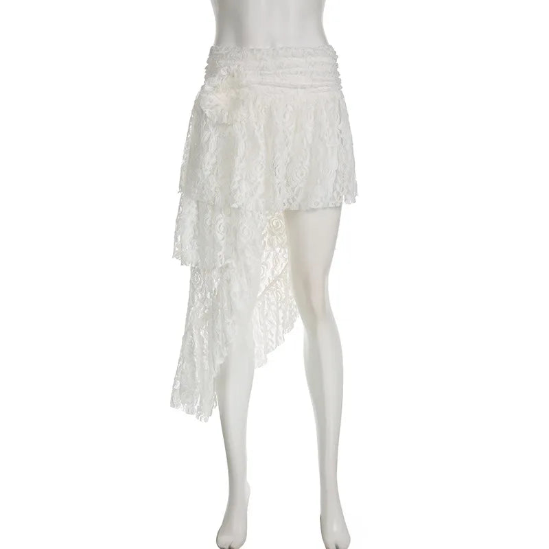Hollow Out Tiered Maxi Skirt Female Lace Patchwork Summer High Street Y2k Long Skirt High Split Maxi Skirt