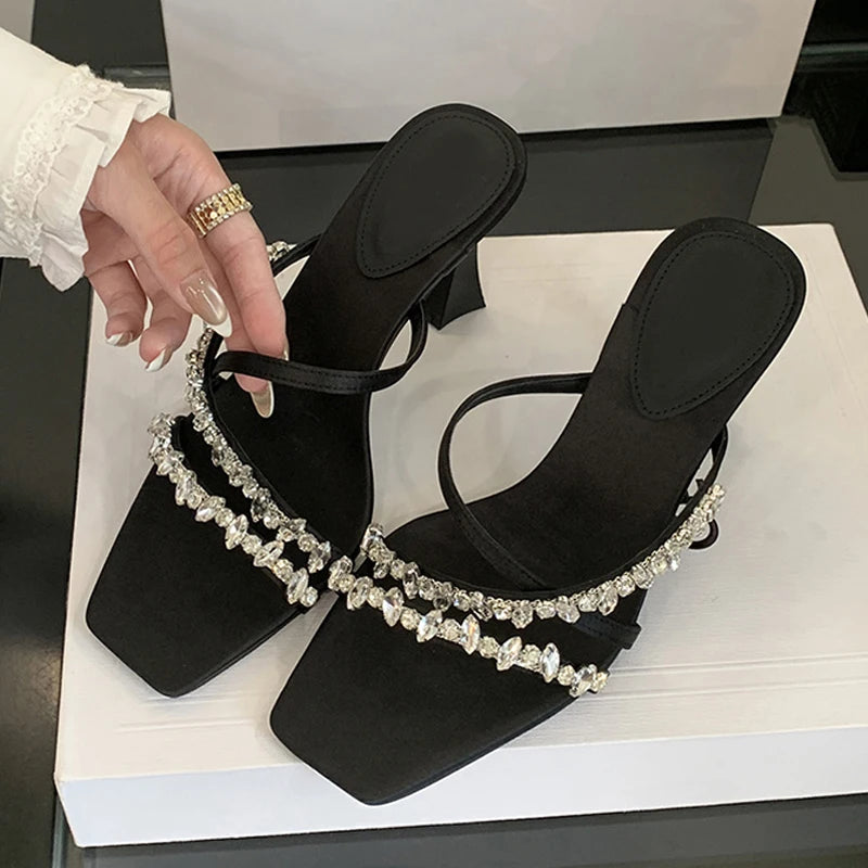 Street Style Crystal Rhinestone Silk Slippers Sandals Open Toe Thin High Heels Stripper Party Slides Shoes