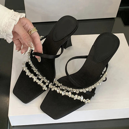 Street Style Crystal Rhinestone Silk Slippers Sandals Open Toe Thin High Heels Stripper Party Slides Shoes