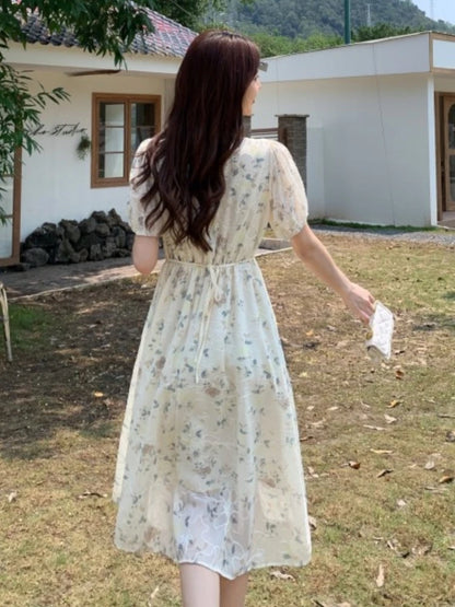 Summer New Chinese Style Midi Dresses for Printed V-neck Puff Sleeve A-line Dress One Piece Vestido