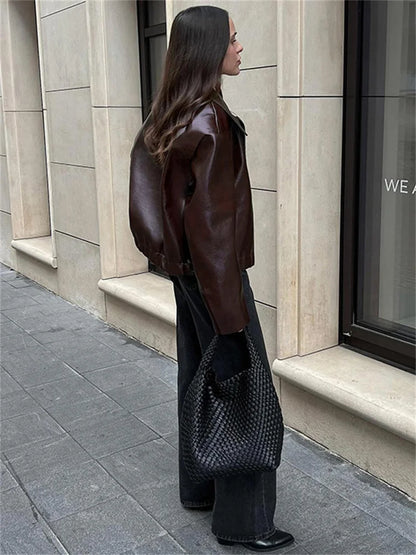 High Street Loose Female Pu Coat Zipper Slim High Waist Long Sleeve Patchwork Clothes Autumn Outwear