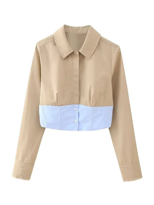 Woman Splicing Lapel Long Sleeve Blouses Cropped Tops Female Singlebreasted Short Shirts Y2k