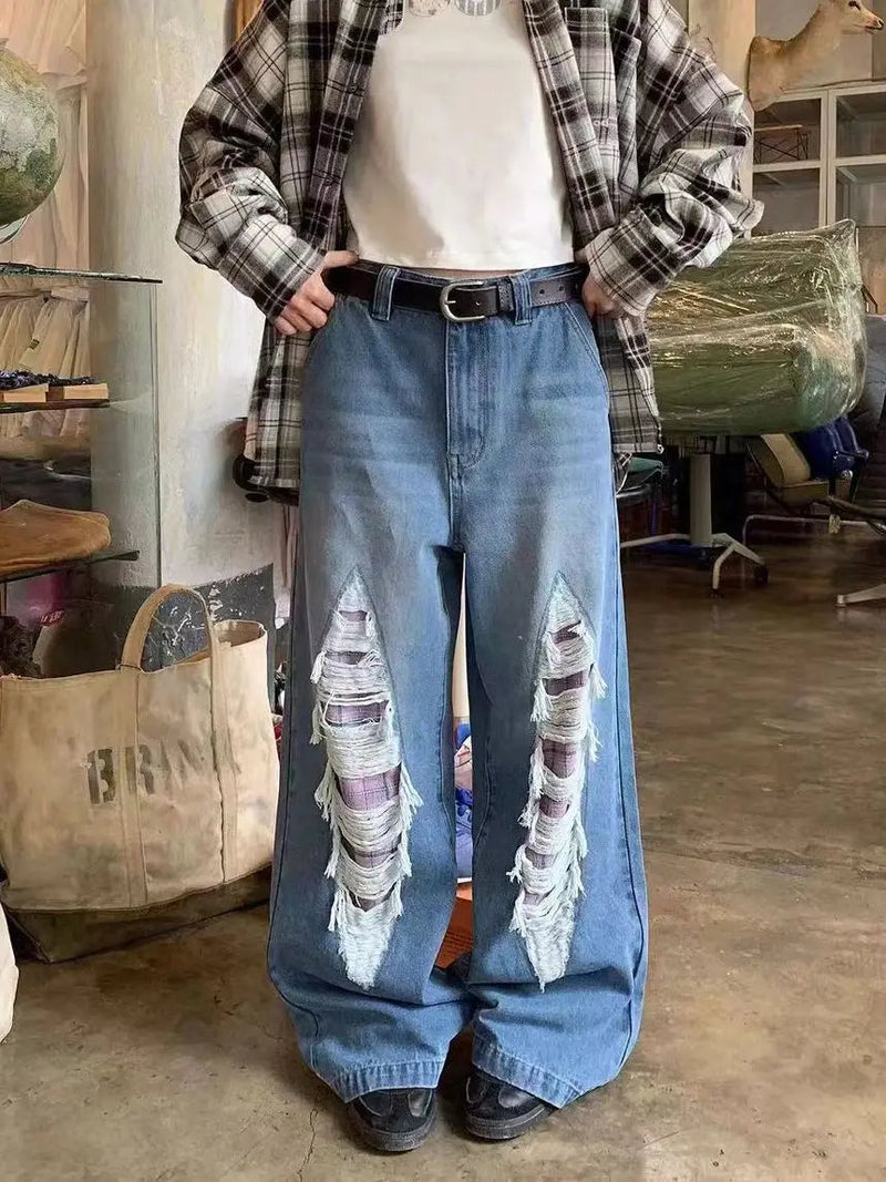 Jeans With Contrasting Plaid Holes and Splicing High-waisted Summer American High Street Loose Slimming Wide-leg Pants