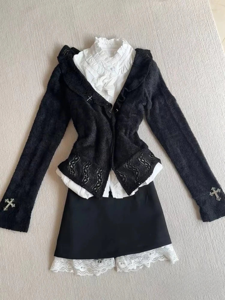 Autumn Y2k Gothic Outfits Long Sleeve Cardigan Coat + Ruched Hollow Out Shirts+ Lace High Waist Mini Skirts 3 Piece Sets
