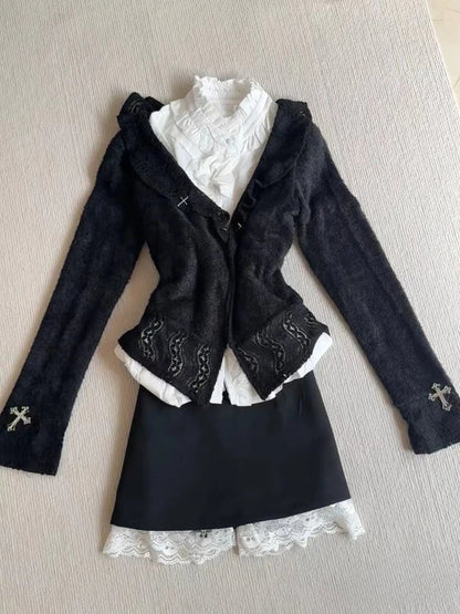 Autumn Y2k Gothic Outfits Long Sleeve Cardigan Coat + Ruched Hollow Out Shirts+ Lace High Waist Mini Skirts 3 Piece Sets