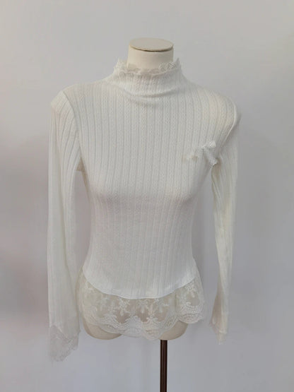 Sweet Hot Girl Lace Patchwork Semiturtleneck Knitwear Autumn/winter Bow Slimfit Sweater Female Clothes