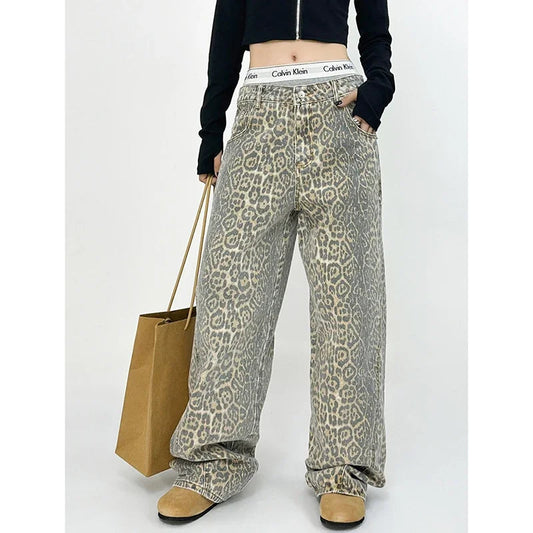 American Retro High Street Overalls Leopard Print Loose Wide Leg Pants for Y2k Hiphop Cargo Grunge Baggy Trousers