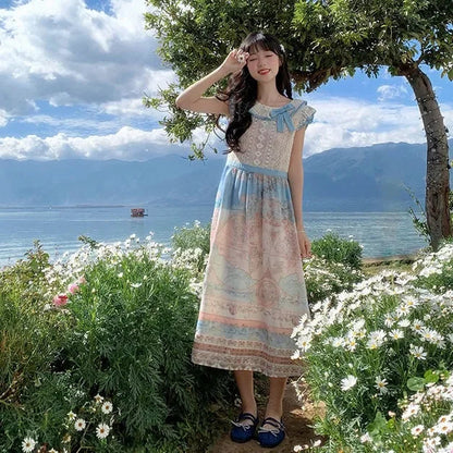 Sweet Oil Painting Style Dress for Summer New Atmosphere Bow Lace Round Neck Aline Party Long Dresses