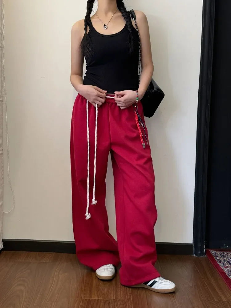 Y2k Kpop Red Sweatpants Baggy Harajuku Korean Hip Hop Style Wide Leg Jogger Pants Oversized Aesthetic