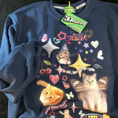 Kawaii Cat Print Hoodie Cutecore Long Sleeve Sweatshirt American Retro Egirl Kitten Angel Graphic Alt Clothes Y2k