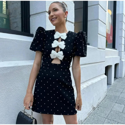Bow Hollow Out Red Black Mini Dress Puff Sleeve Oneck Party Dresses Summer New Shinny Robe Vestidos