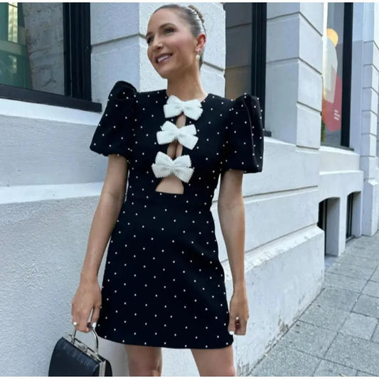 Bow Hollow Out Red Black Mini Dress Puff Sleeve Oneck Party Dresses Summer New Shinny Robe Vestidos