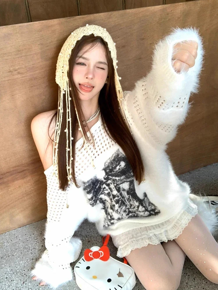 White Butterfly Print Sweater Bow Graphic Long Sleeve Pullover Hollow Out Off Shoulder Knitwear Autumn Winter
