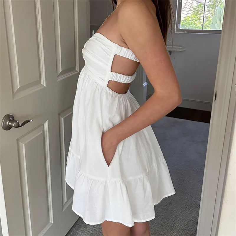 Strapless Dress Y2k Color Off Shoulder Sleeveless Ruffle Hem Mini Dress With Pockets Beach Party Dresses