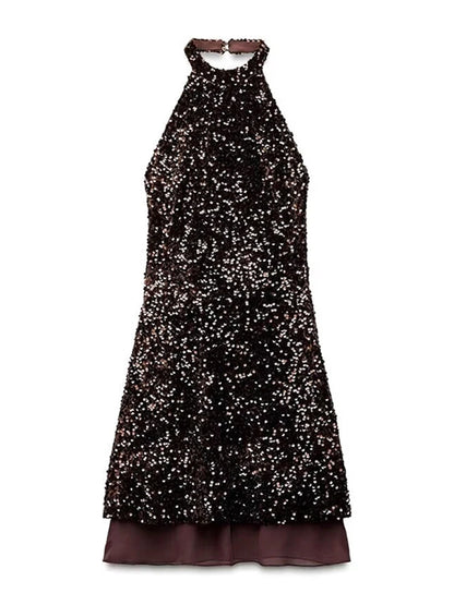 Sequined Halter Backless Mini Dress Off Shoulder A-line Party Evening Dresses Summer Lady Slim Glitter Vestidos