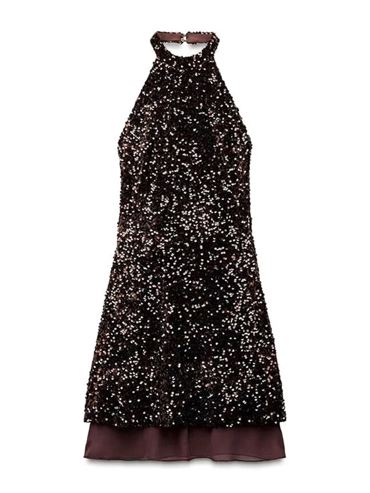 Sequined Halter Backless Mini Dress Off Shoulder A-line Party Evening Dresses Summer Lady Slim Glitter Vestidos