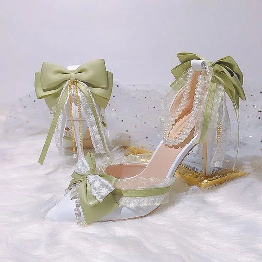 Lolita High Heels for Pearl Lace Green Designer Shoes High End Knot Bridal Shoes Trending