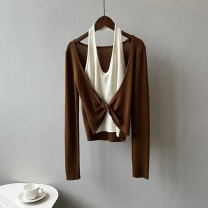 Korean Patchwork Halter Longsleeved Sweater Autumn New Fake Twopiece Knitted Tops