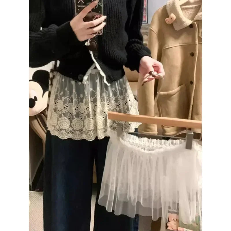Korean Polka Dot Mesh Color Aline Skirt Spring New High Waist Hollow Seethrough Mini Skirt