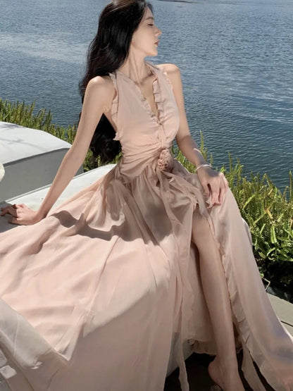 Summer New Ruffles A-line Long Dresses for Halter Backless Holiday Seaside Party Dress Korean One Piece Vestido