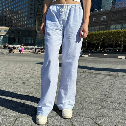 Comfy Loung Pants Tie Up Waist Wide Leg Trousers Y2k Striped Loose Pants Pajamas Sleepwear