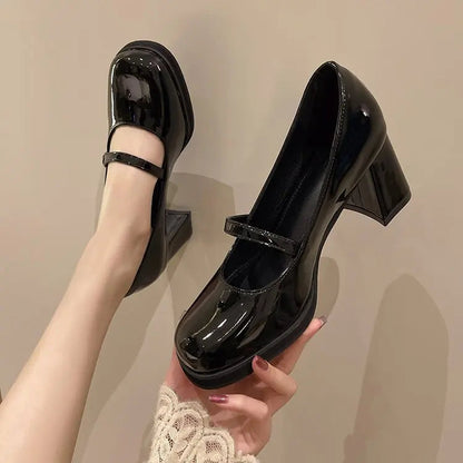 French Retro Leather Chunky Mary Jane Shoes Soft Soled Slipon High Heels Designer Jk Woman Shoes
