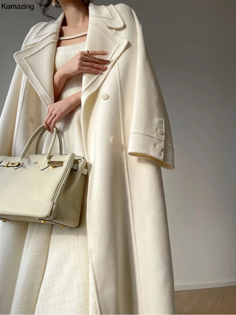 New Woolen Long Coat Spring Warm Double Breasted Lapel Overcoat With Belt Female