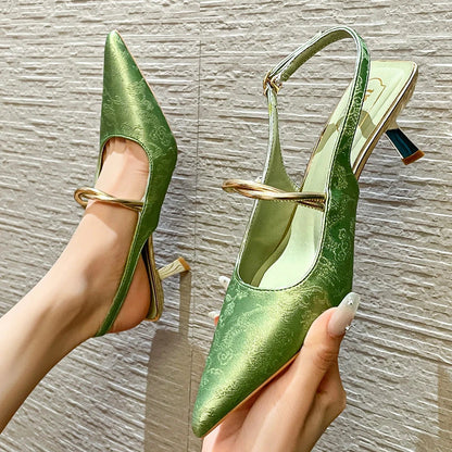 Satin Pointed Toe High Heels Designer Sandals Green Slingback Party Dress Shoes Muller Pumps