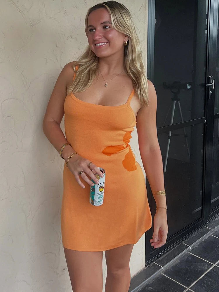 Knit Print Backless Spaghetti Mini Dress