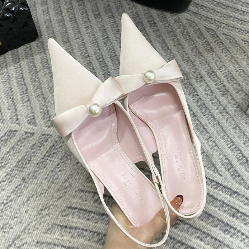 Satin Bow Pumps Pointed Toe Thin Heeled Backless Dress Shoes Brand Designer Shallow Mouth Sandal