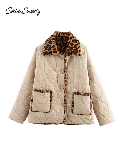 Leopard Double Side ’s Quilted Parkas Long Sleeve Lapel Fleece Button Padded Coat New Lady Thick Warm Outwear