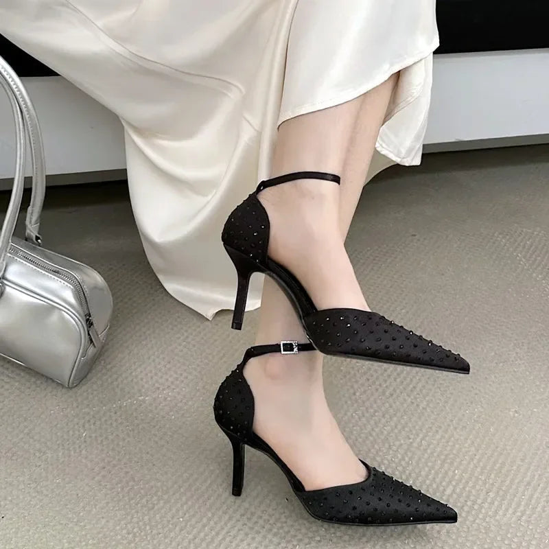 Rhinestone Pumps Pointed Toe Thin High Heels Ankle Strap Buckle Heeled Sandals Banquet Dress Shoes