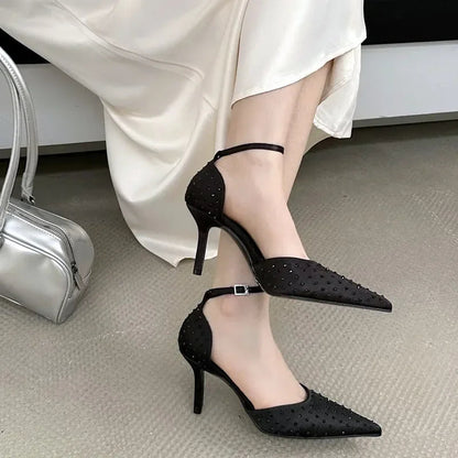 Rhinestone Pumps Pointed Toe Thin High Heels Ankle Strap Buckle Heeled Sandals Banquet Dress Shoes