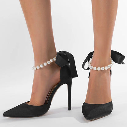 Designer String Bead Buckle Strap Pumps Sandals Street Style Pointed Toe Thin High Heels Party Dress Shoes
