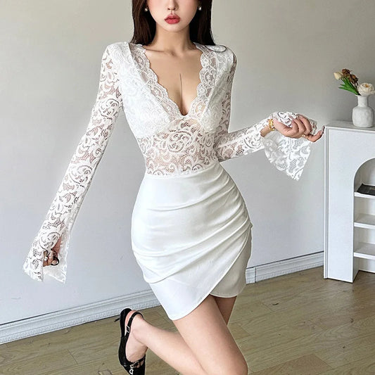 Party Dress Aesthetic V Neck Lace Patchwork Long Sleeve Bodycon Mini Dress Evening Club Dresses Clubwear