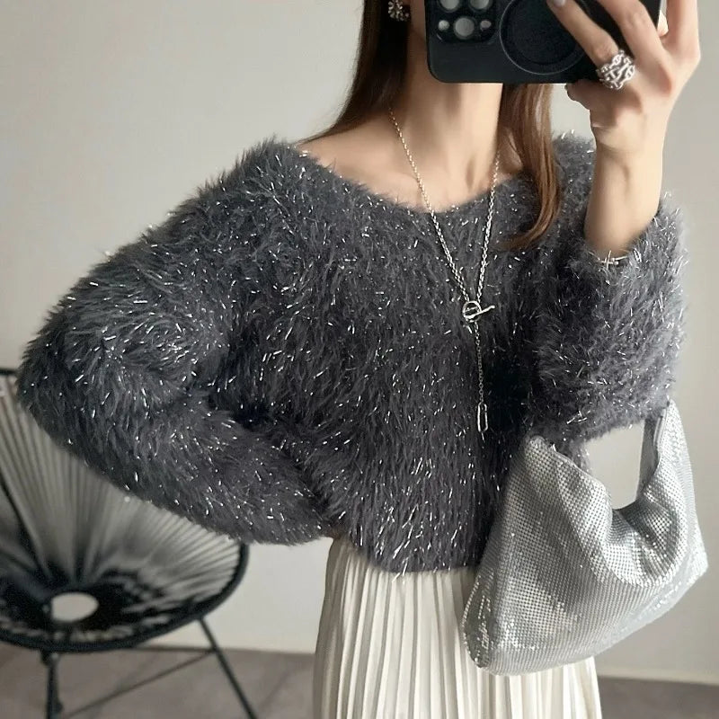 Sweet Hot Girl Vneck Sweater Longsleeved Bright Silk Knitted Pullover Female Clothes